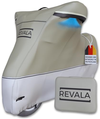 REVALA® Motorrad Abdeckplane Outdoor & Indoor | Wetterfeste Motorrad Garage | wasserdichte Motorradplane für Roller | Robuste Roller Abdeckung für draußen | Hitzebeständig + Tasche | 225x100x125cm