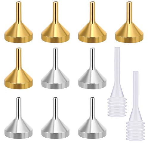 Amabro 10 piccoli imbuti in metallo, mini imbuti in acciaio inox di qualità alimentare, confezione da 2 mini pipette per riempire piccole bottiglie o contenitori di oli essenziali