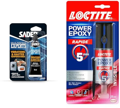 Sader Colle Vibrations et Hautes Températures – Colle Souple Extra Forte – Colle & Loctite Colle Power Epoxy Rapide 5 Minutes 25 ml, Colle epoxy réajustable, colle forte résistante avec seringue