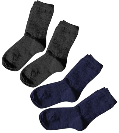 vitsocks Chaussette chaude 80% LAINE MÉRINOS garçon fille enfant (4 PAIRES) fine respirante mi mollet hiver froid, noir et bleu marine, 31-34