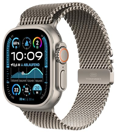 Apple Watch Ultra 2 (GPS + Cellular 49 mm) Smartwatch, Sportuhr mit Titangehäuse in Natur und Milanaise Armband in Titan Natur (S). Fitnesstracker, präzises GPS, Actiontaste, CO₂ neutral