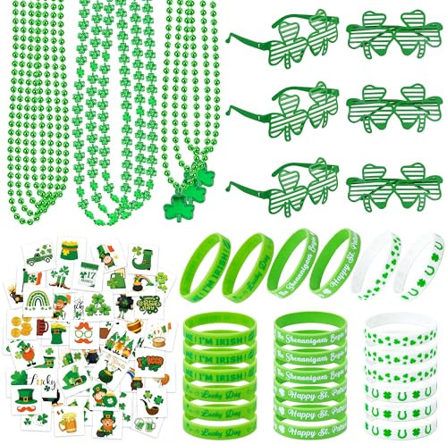 140PCS St Patricks Day Accessories, St. Patrick's Day Glasses Bracelets Tattoos Beads, Irish Glasses Bracelets Tattoos Beads Stuff Bulk, Shamrock Saint Patricks Parade Throw Party Favor Decorations