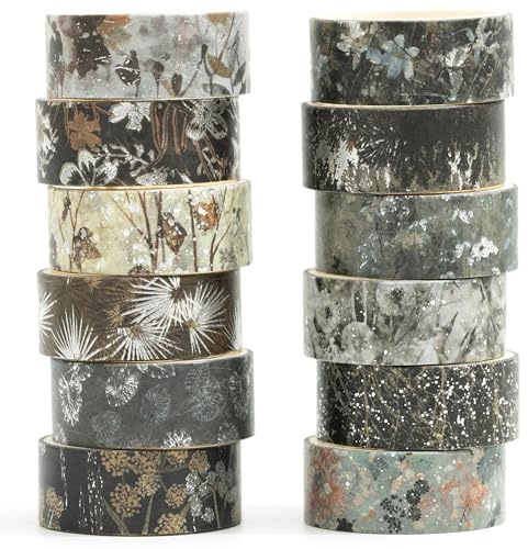 Songdao Blumen Washi Tape Set 12 Rollen Silber Dekoratives Klebeband Bunt für Scrapbooking, Bullet Tagebuch, Planer, Geschenkverpackung (Mystic Shadows)