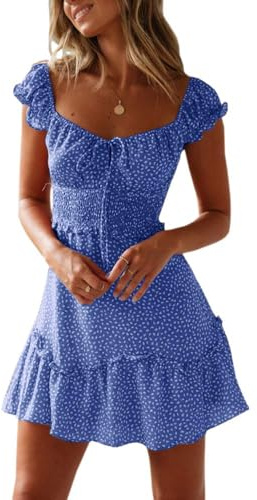 Imily Bela Damen Sommerkleid Rüschen Strandkleid Elegant Minikleid | A-Linie,Freizeitkleid,Dress,High Waist Kleid,Kordelzug