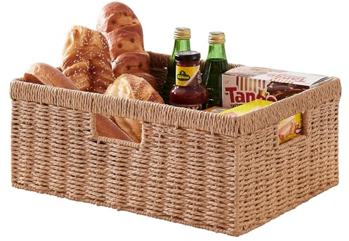OIAHOMY Wicker Storage Basket, Rectangular Paper Rope Shelf Baskets with Built-in Handles, Woven Decorative Organizer for Pantry, Shelves, Living Room and Bathroom, 1-Pack Natural