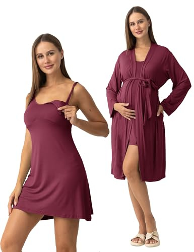 SUNNYBUY Women's Nursing Nightgown Maternity Robe Set, 3 in 1 Labor Delivery Breastfeeding Dress Postpartum Sleepwear, Burgundy M