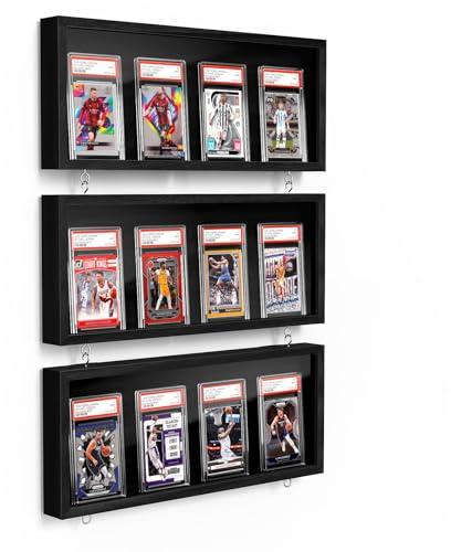 Emfogoo Trading Card Display Case, 3 Pack Wooden Card Display Frame Wall Mount, Graded Card Display with Clear View, Trading Card Case for Football & Sports Cards Collection (Black)