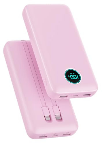 Batterie Externe 26800mAh avec Câbles, PD 25W QC4.0 Charge Rapide Power Bank USB C Chargeur Portable avec 5 Sorties, Affichage LCD Batterie Portable pour iPhone 16/15/14, Samsung Huawei - Rose