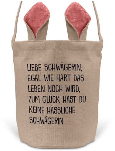 22Feels Ostern Geschenk Schwägerin Osterkorb von Schwägerin mit Henkel Tragetasche Deko Osternest Körbchen Hasenohren (Beige/Pink)