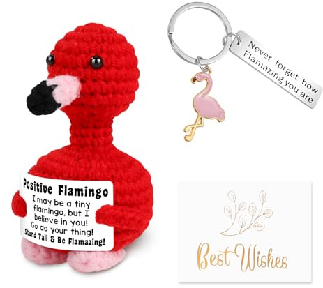 Vspek Handmade Emotion Support Flamingo Gift,Funny Crochet Cute Wool Doll with Positive Card Keychain Greeting Card Cheer Up Gag Friends Gifts Office Desk Fun Home Decor for Birthday Women Men