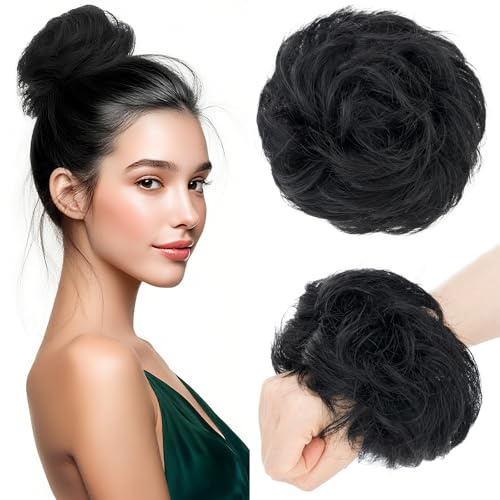 Benehair Echthaar Scrunchies Hochsteckfrisur, Lockig Echthaar Haargummi Hochsteckfrisuren, 25g Echte Haare Lockig Dutt, Haarverlängerung Haardutt Rose Dutt für Frauen, Dunkelschwarz #1