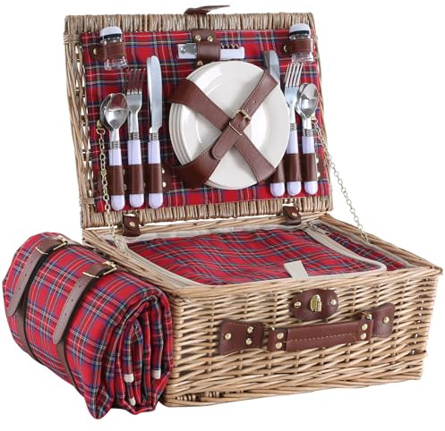 HYBDAMAI Picknickkorb-Set für 4 mit Kühlfach, Decke und Besteck | Abnehmbarer Schultergurt, leicht zu tragen, ideal für Camping, Strand, Wandern, Grillfeste, Familienausflüge und Geschenke