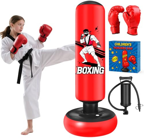 Punching Bag for Teens 168cm, Qoosea Free Standing Inflatable Boxing Bag with Gloves and Air Pump, Teens Punch Bags- Birthday Gifts for Boys & Girls for Practicing Karate, Taekwondo, MMA-Red