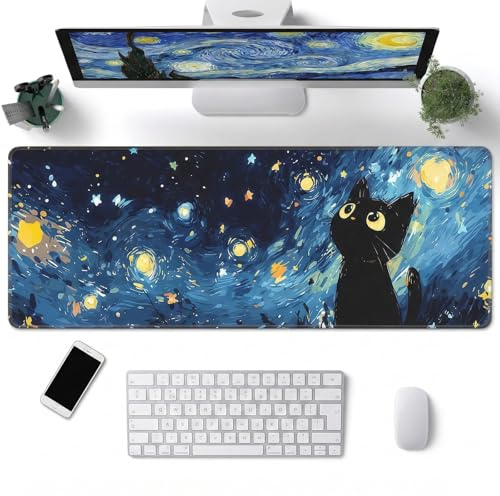 Vesavifaka Tapis de souris grande taille, Tapis de bureau extra large XXL 800×300×3 mm, Tapis de table mignon pour le travail & le jeu, Tapis de bureau antidérapant pour ordinateur portable, Chat