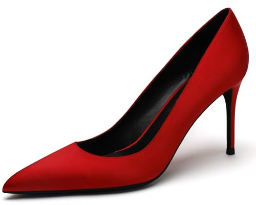 Damskor satinpumps spetssko pianoklack 8 cm gummisula slip-skor business kontor brud gästskor kvällsfest bröllop flerfärgad, Stor röd, 35 EU