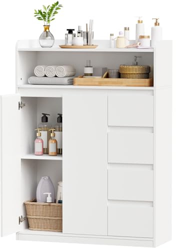 ANWBROAD Armario de Baño, Armario de Baño Moderno con 4 Cajones, 2 Puertas y Estantes Ajustables, Cómoda para Baño, Salón, Cocina, Blanco, 110 × 80 × 30 cm, SBC015W