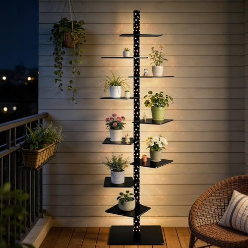 Bücherregal Metall mit Sternenhimmel LED-Leuchtung, Bücherturm Freistehend | 9 Ebenen Vertikaler Bücherregale zur Aufbewahrung von Büchern, CDs, Pflanze, Ecke Regal für Wohnzimmer, Büro, Schlafzimmer