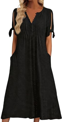 nnOuOnn Summer Maxi Dresses for Women UK 2026 Boho Casual Elegant Ladies Dress Fashion Floral V-Neck Button Short Sleeve with Pockets Sundress Beach (UK, Alpha, L, Regular, Regular, Black)