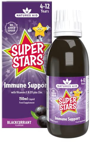 Natures Aid Super Stars Immune Support for Kids 150ml - Blackcurrant Flavour - Vitamin C D3 Zinc - Vegan, Sugar-Free, Gluten-Free - Non-GMO - Daily Immune Support Liquid Supplement