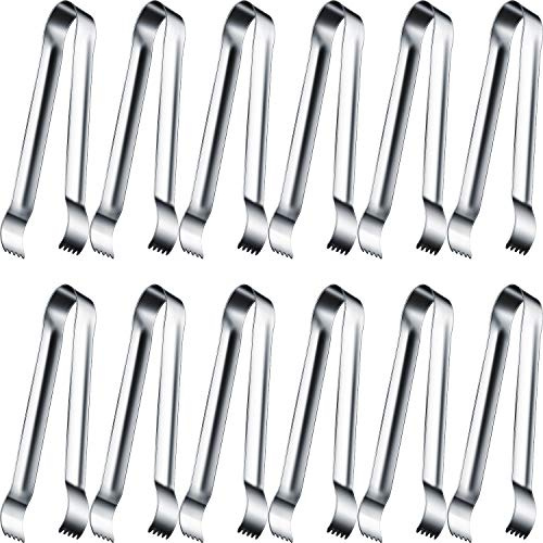 Gejoy 12 Pieces Sugar Ice Tongs Stainless Steel Mini Serving Appetizers Small Kitchen Tongs for Tea Party Coffee Bar Kitchen (Silver Curved Tip)