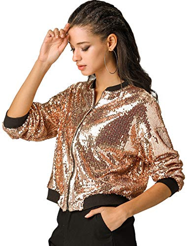 Allegra K Damen Glitzer Jacke Bomberjacke Pailletten Sequin Jacken | Langarm Metallic Bomber Party Club Jacke