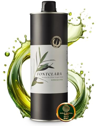 FONTCLARA Arbequina Aceite de Oliva Virgen Extra de España, Premiado, Frutado Ligero, Todoterreno en la Cocina, Extracción en Frío, Freir, Cocinar y Hornear, Botella de 1l
