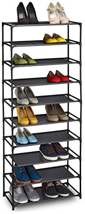 Relaxdays, svart tyg skohylla plug-in system, 10 plan, för 30 par skor, skoställ hög H x B x D 150 x 62 x 28 cm, 1 styck