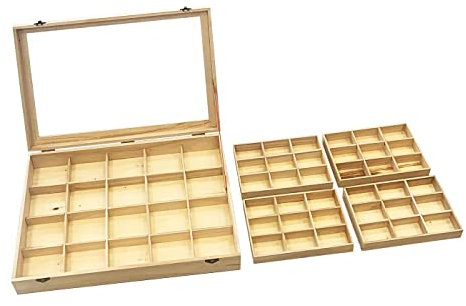 Acan Caja de madera, 56 compartimentos en 2 niveles, tapa con cristal 7,8 x 44,8 x 29,8 cm, 4 bandejas removibles, expositor joyas, organizador, joyero, collares, brazaletes, pendientes, relojes