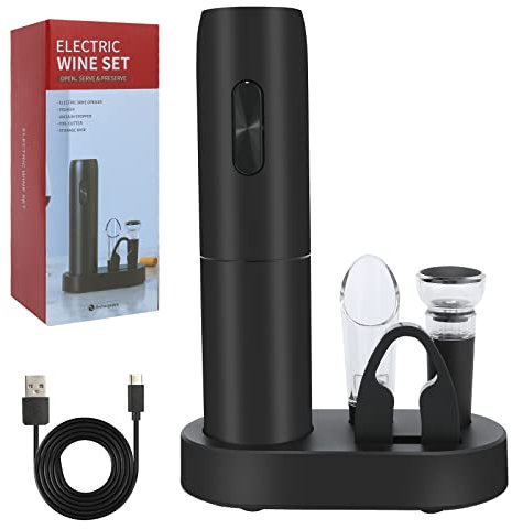 VIDYSUFYR Electric Wine Bottle Opener Set with Charging Base- Black, Automatic Wine Bottle Opener with Led Light, Rechargeable Corkscrew Kit with Aerator，Foil Cutter，Stoppers