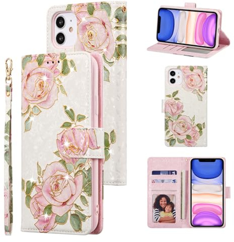 UEEBAI Wallet Case for iPhone 12/iPhone 12 Pro 6.1 inch, PU Leather Phone Case Kickstand RFID Blocking Flip Case Card Slots Wrist Strap Relief Engraved Pattern Magnetic Closure Folio Case - White Rose