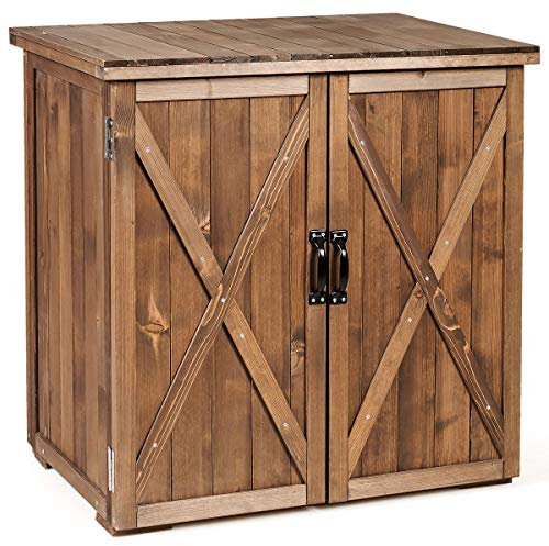 TANGZON Wooden Storage Shed, Outdoor Tool Storage Chest with Double Doors, Utility Varnished Tool Cabinet Organizer for Garden, Balcony, Patio, Lawn and Courtyard