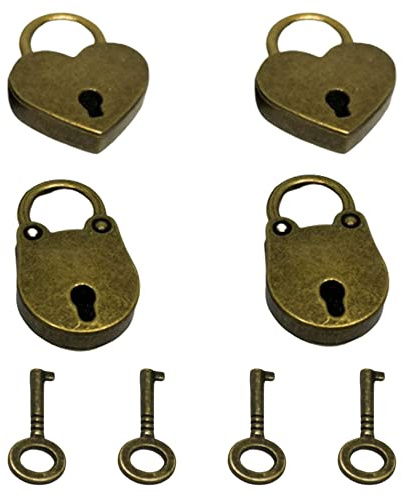 Pamtns 4 Stück Kofferschloss mit Schlüssel Vorhängeschloss Antik Mini Vorhängeschloss mit Bärenform Herzform Schloss Vintage Antik Schloss Metall Schloss für Koffer Schublade Tagebücher Schränke