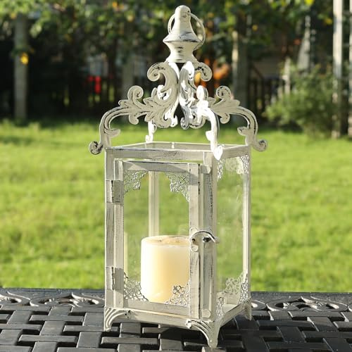 NEEDOMO Laternen Dekorative Innen, 40,6 cm Weiß Hängende Laterne Dekor Outdoor, Vintage Metall Große Kerze Laterne für Terrasse, Veranda, Tisch, Wohnkultur, Kerzenhalter mit klarem Glas