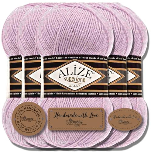 Hobby YARN 3x Etikettenlabel mit Alize Superlana Klasik Wolle Premium 5x100g als Set, Yarn, Garn, Strickgarn, Einfarbig, Baby, zum Häkeln, Stricken, Kleidung, Schals (Dusty Lilac - 505)