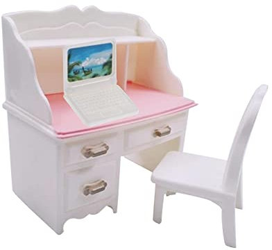 Colcolo 1:6 Dollhouse Desk Chair Set, Mini Furniture Decor Model Dollhouse Decoration Accessories, With White Laptop