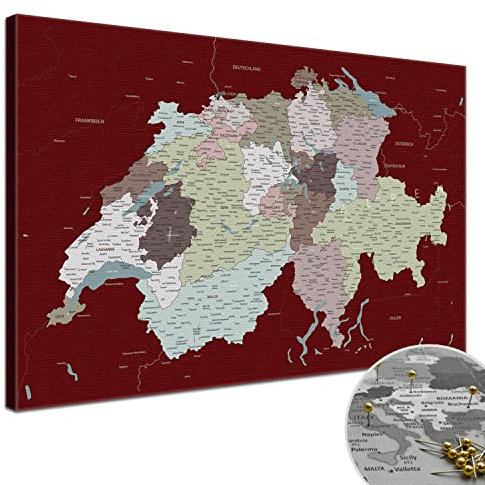LANA KK - Premium Pinnwand Schweizkarte - Kolonial Rot - Deutsch - in 80 x 60 cm, stabile Rückwand zum Pinnen inkl. Starterkit - Leinwand-Kunstdruck Wandbild Landkarte XXL