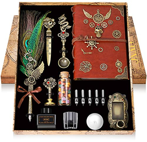 AIYNC Quill Pen and Ink Set, With Notebook Wax Seal Stamp Kit, Calligraphy Set for Writing Lovers, Valentine's Day and Birthday Gifts, Ideal for Holidays(Peacock Feather)