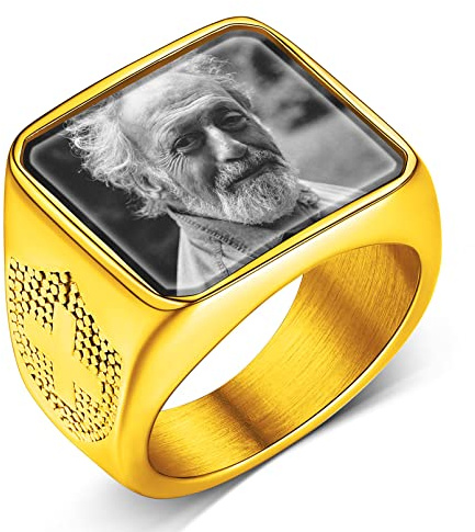 Custom4U Anpassbarer Herren Damen Foto Siegelring Gold mit Gravur Memorial Foto Fingerring mit Kreuz Symbol Biker Quatratischer Siegelring Bandring mit Bildgravur Geschenke für Weihnachten