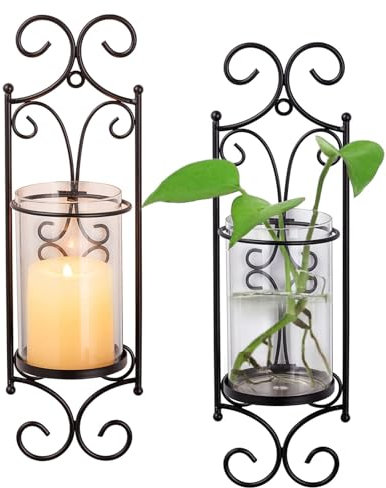 Sziqiqi Kerzenständer Kerzenhalter für Wand mit Hurricane Glas - Wandkerzenhalter Schwarz Satz von 2 Metall Wanddeko Kerzenleuchter für Stumpenkerzen für Wohnzimmer Schlafzimmer Kamin Badezimmer