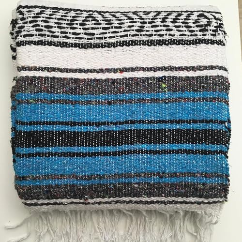 Kiuwxduy Couverture tricotée mexicaine à main pour canapé, jeté pour méditation, yogamatte, Boho pour camping en plein air, pique-nique, couverture de festival (Bleu)