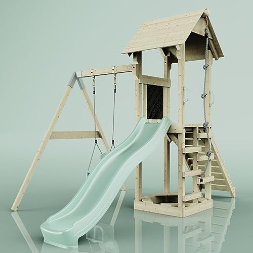 Rebo Spielturm mit Wellenrutsche und Kinder-Schaukel, Outdoor Klettergerüst Garten,Mintgrün