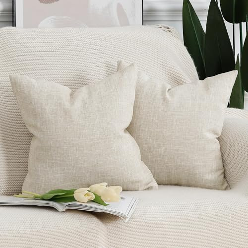 Madizz 2er Set Faux Leinen Kissenbezügen Weich Dekorative Kissenabdeckung für Sofa Schlafzimmer Kissenhülle Hellbeige 40x40 cm Quadrat