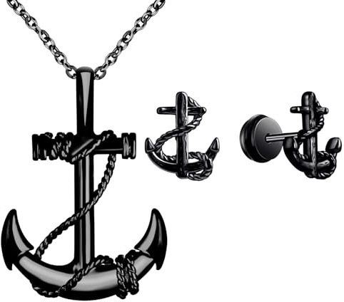 INFINIONLY Herren Edelstahl Halsketten und Ohrringe Schmuck-Sets Vintage Ketten mit Anker Anhänger für Teenager Mode Anker Ohrstecker Ohrhänger für Jungen Damen