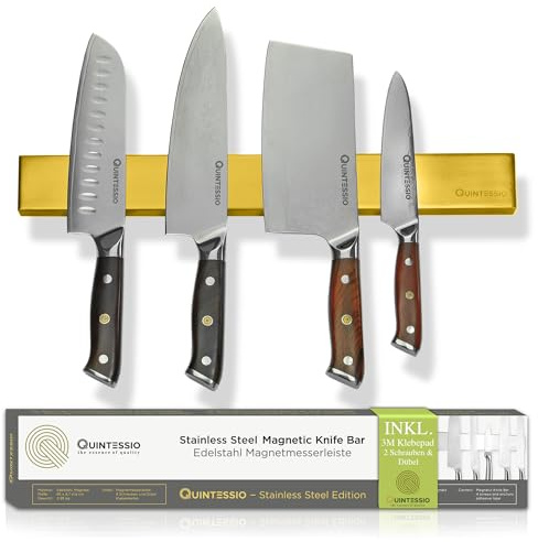 QUINTESSIO - Magnetleiste Messer Edelstahl - Magnet Messerhalter selbstklebend oder zum Bohren - Messerhalter magnetisch 40 cm - Messer Magnetleiste Küche - Messerleiste magnetisch - Gold