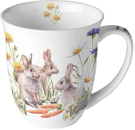 Ambiente Porzellan Tasse ca. 400ml Becher Bone China Mug Für Tee Oder Kaffee Floral Ostern Frühjar Hasen Carrot treat