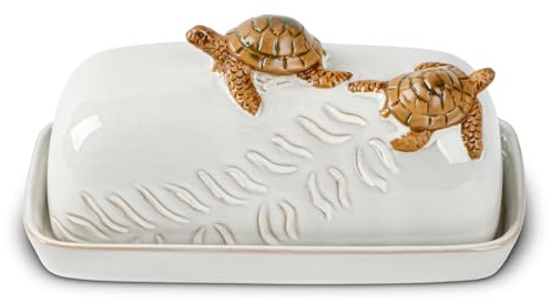 dgudgu Sea Turtle Butter Dish With Lid Ceramic Butter Keeper White Animal Print | White ceramic covered butter dish with 3D sea turtles for butter sticks up to 5.5 x 2.0 inches.
