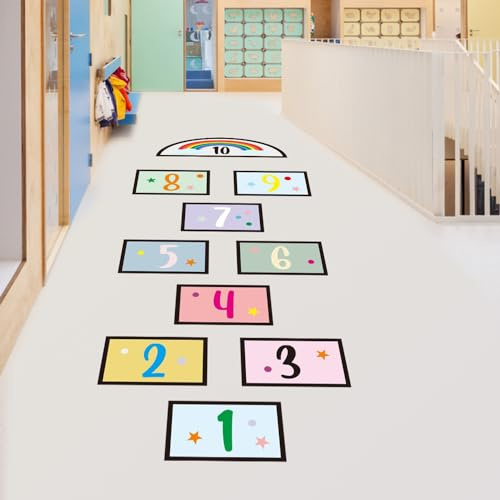 10 Nummer Gitter Fußboden Wandtattoo Bunt Regenbogen Puzzle Hopscotch Spiel Wandaufkleber Abnehmbar DIY Boden Korridor Wandsticker Wandbild für Kinder Jungen Kinderzimmer Schlafzimmer