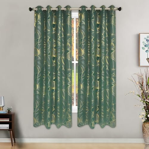 Bishilin Vorhänge Blickdicht mit Ösen 2er Set 132x243CM, Verdunklungsvorhänge Grün Gold Modern mit Blätter Muster Gardinen Polyester Schlafzimmer Kinderzimmer Jugendzimmer