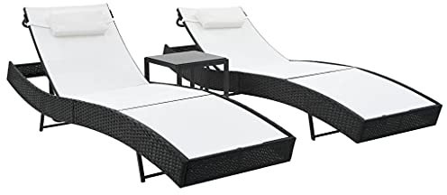 ShCuShan Sonnenliegen 2 STK. mit Tisch Poly Rattan und Textilene Schwarz Terassenliegen Gartenliege Liegen Garten Outdoor Liegen Wetterfest AußEn