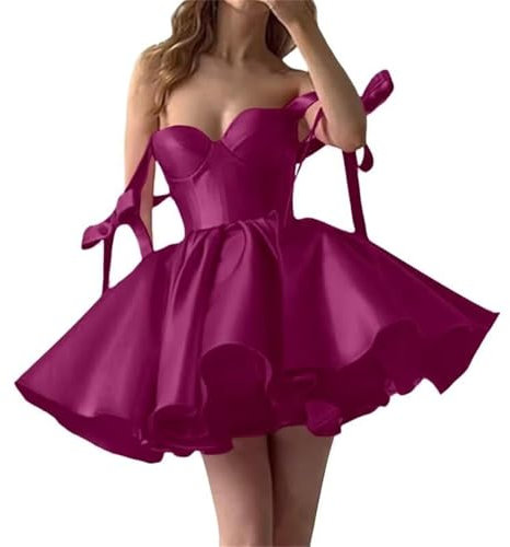 HPPEE WYX583 - Vestido de satén para adolescentes, tirantes con lazo, minivestido de graduación, vestido corto de cóctel, fucsia, 58 Grande